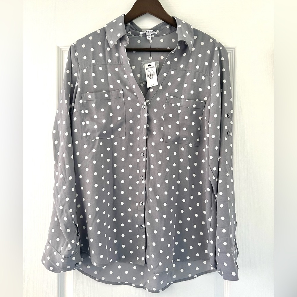 NWT Express Button Front Portofino Shirt Polla Dot Gray White